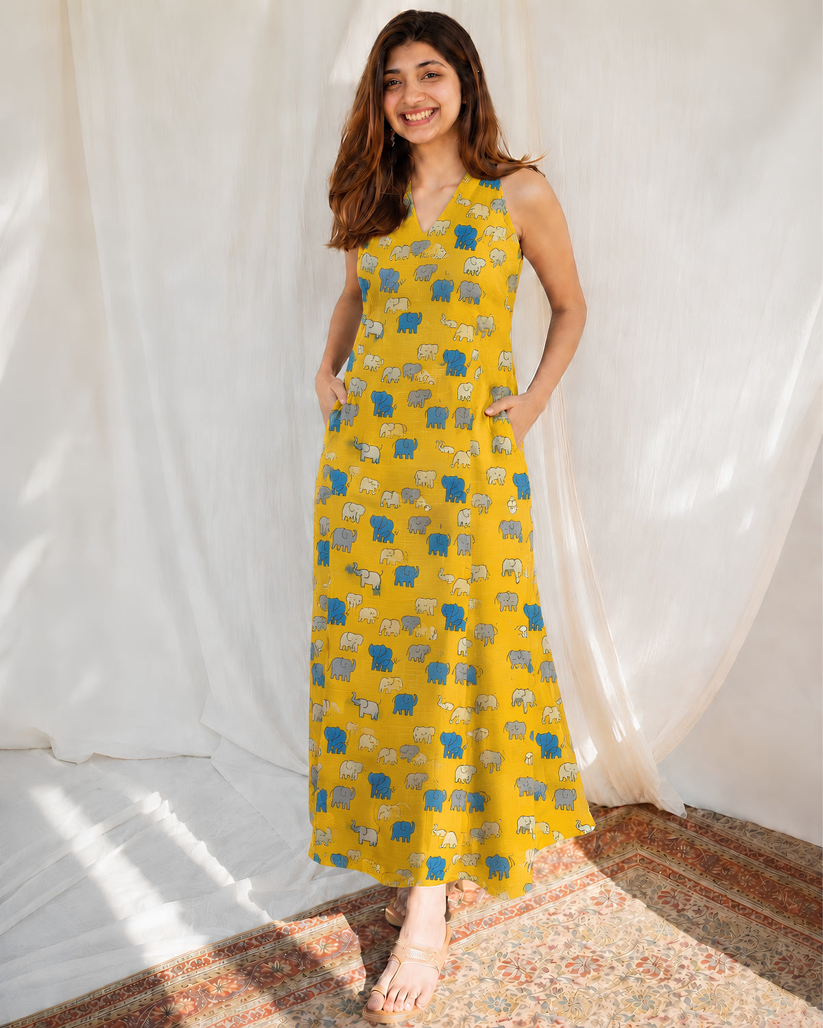 Yellow elephant digital print fabric from S Fabs, featuring vibrant Kota material with a colorful, detailed elephant design.