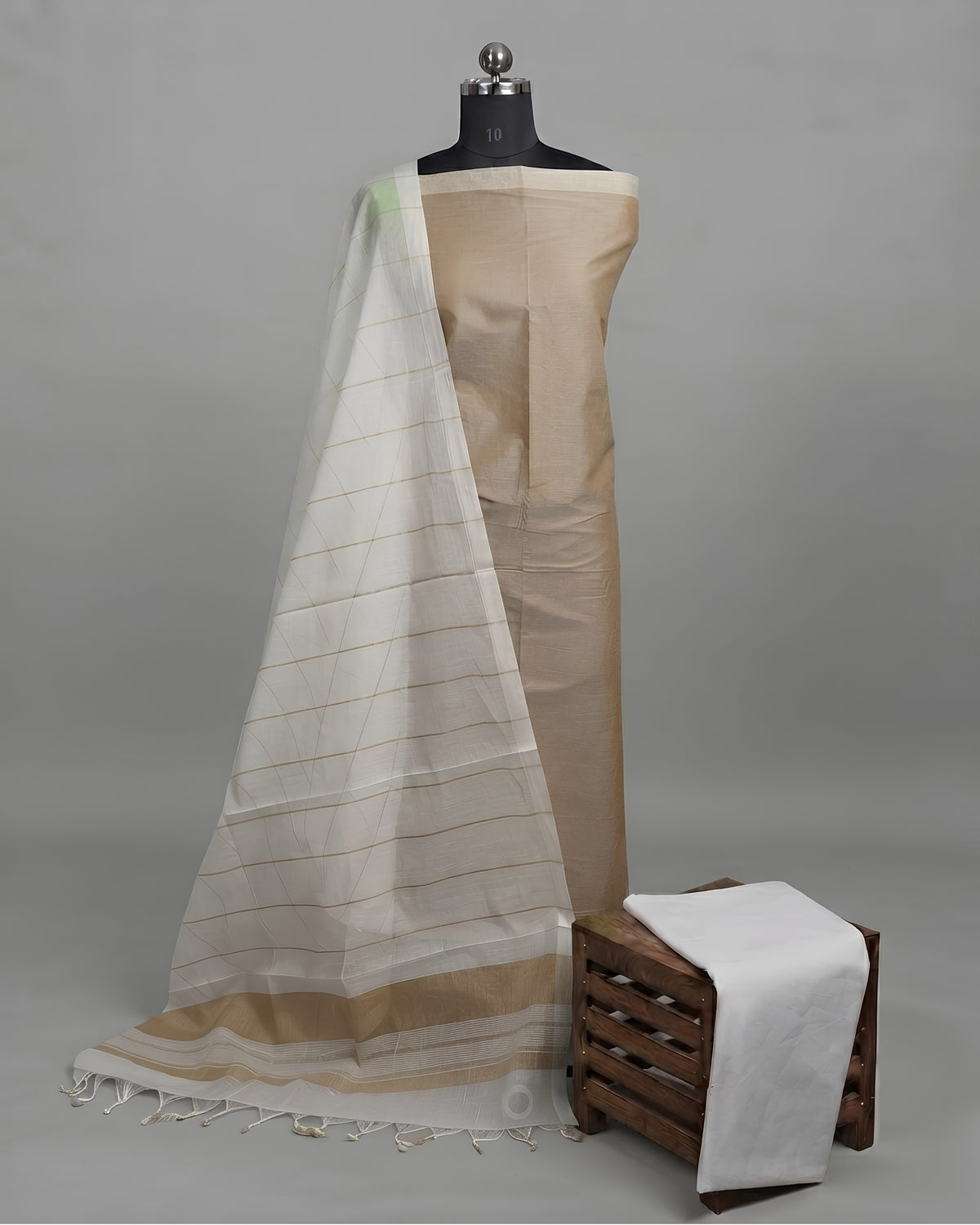 Beige, tan, and white striped cotton fabric from S Fabs Magalagiri collection, showcasing soft, durable material for various textiles.