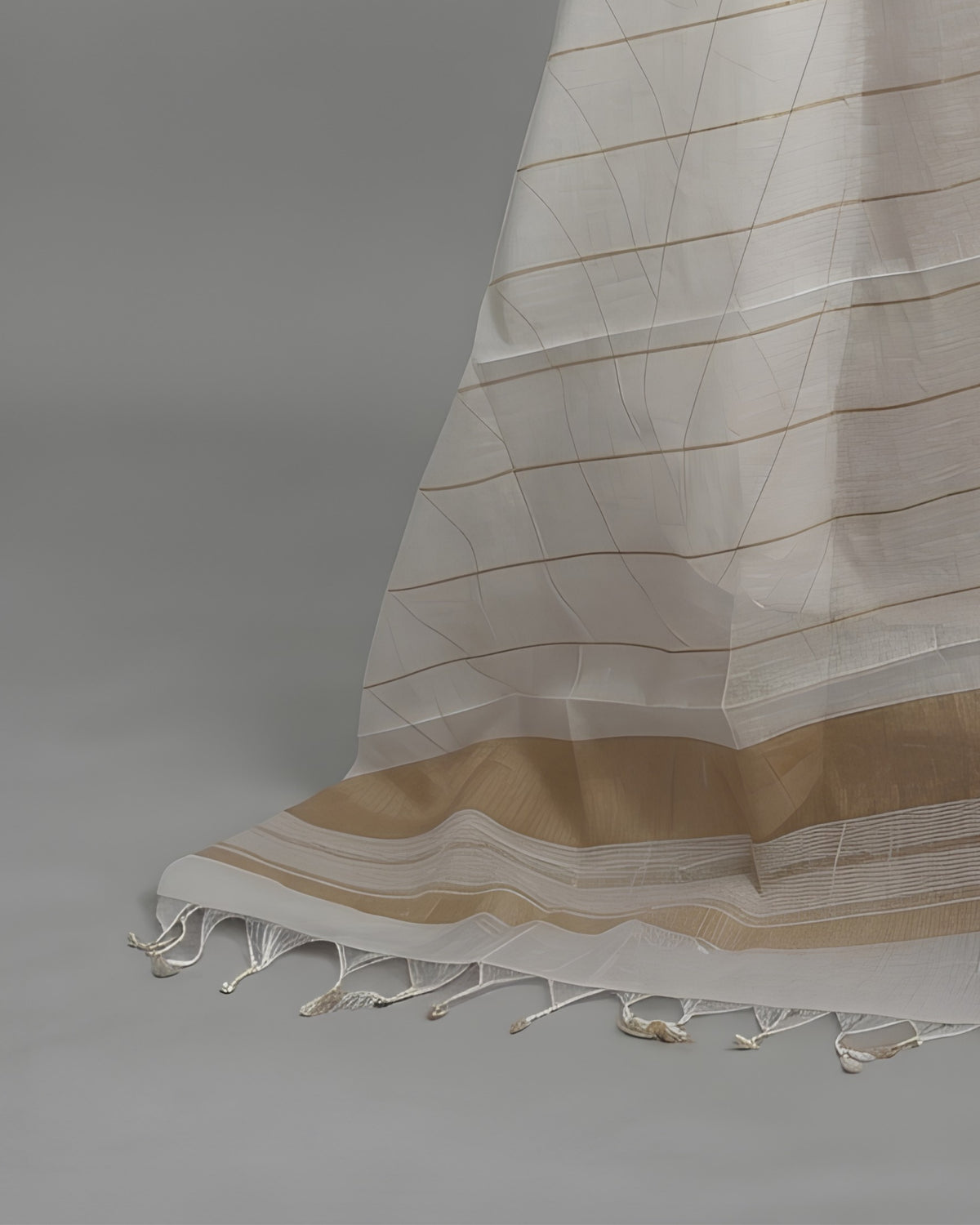 Beige, tan, and white striped cotton fabric by S Fabs, showing close-up of soft, woven material with striped pattern.