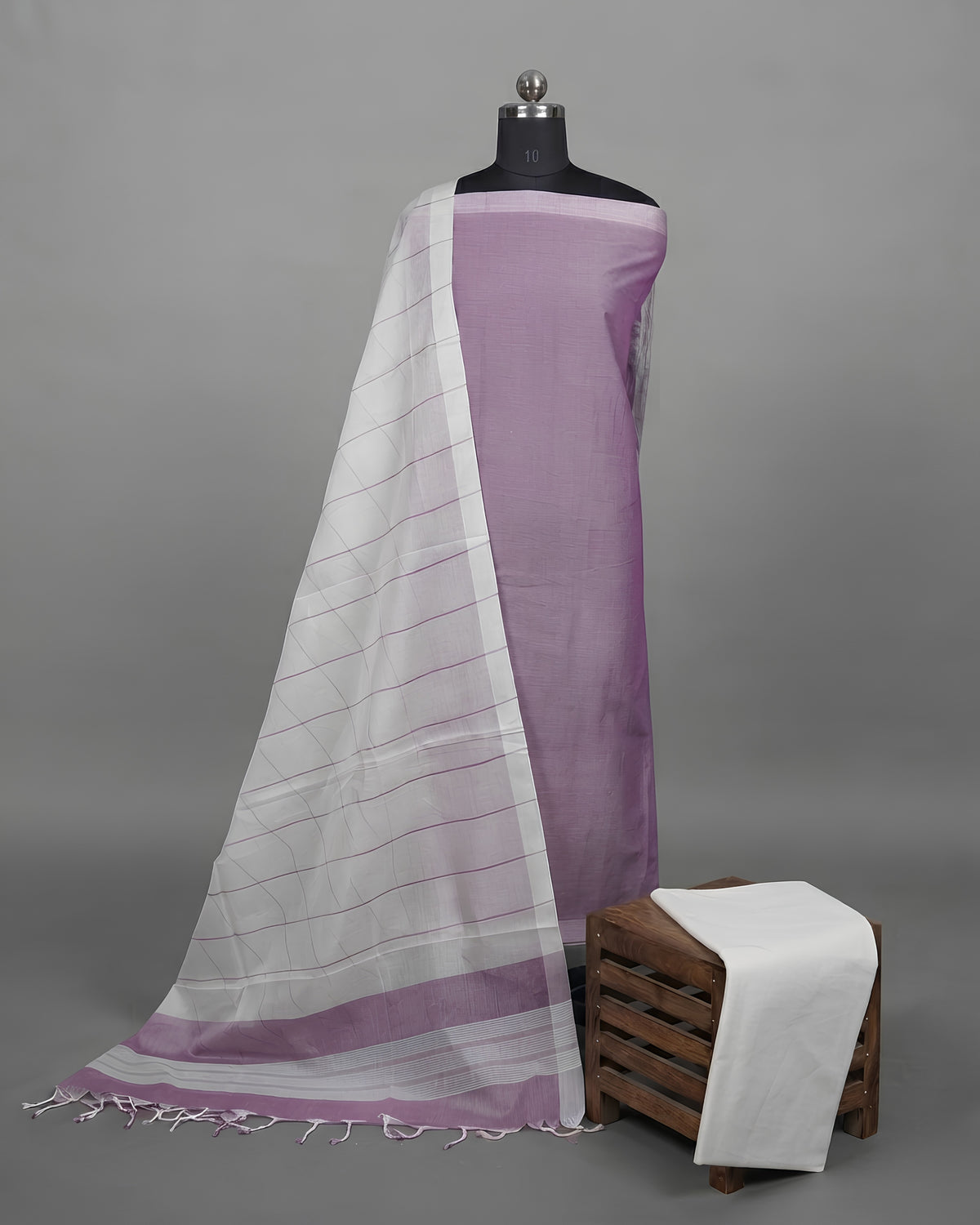 Magalagiri cotton fabric by S Fabs with dusty mauve and white striped pattern, ideal for clothing or craft projects.