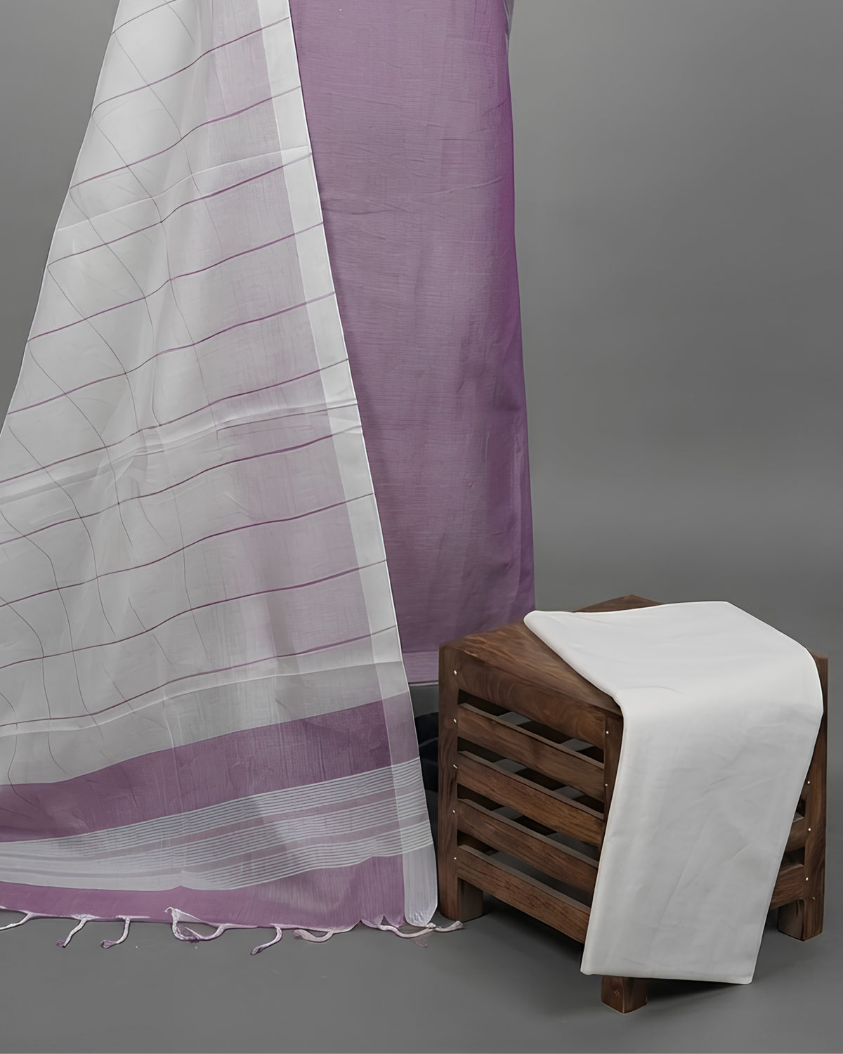 Magalagiri Cotton Stripes fabric by S Fabs in dusty mauve and white, showing the soft striped cotton material.