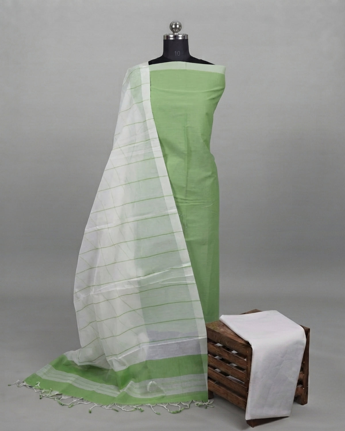 Magalagiri cotton fabric with green and white stripe pattern by S Fabs, showcasing soft, woven textile material.