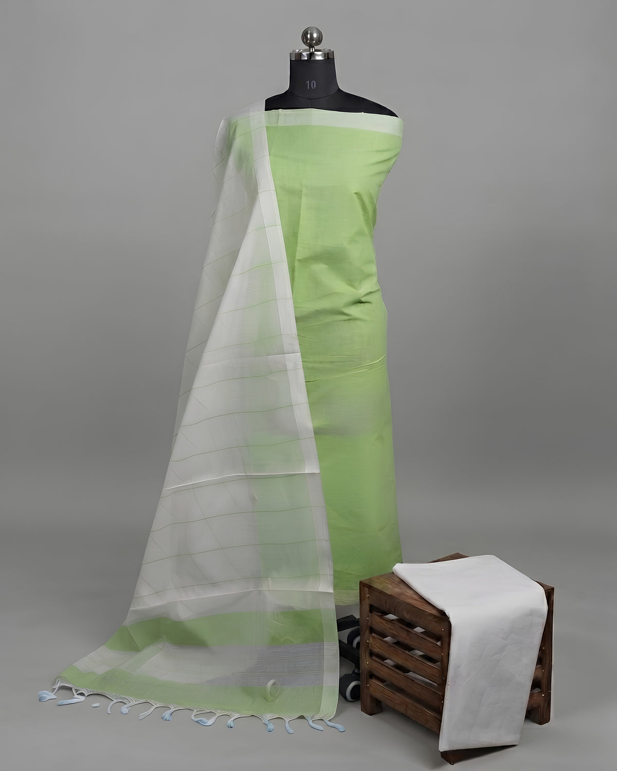 Lime green and white striped cotton fabric from S Fabs Magalagiri collection, natural textured material for sewing and crafts.