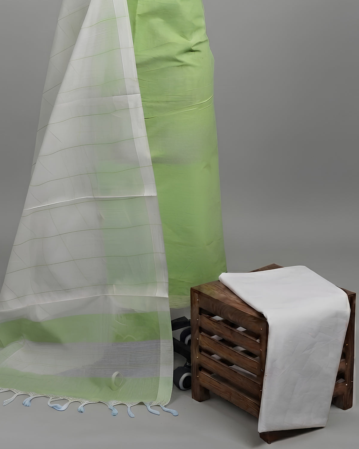 Lime green and white Magalagiri cotton stripe fabric from S Fabs, showcasing a soft, woven material with bold stripe pattern.