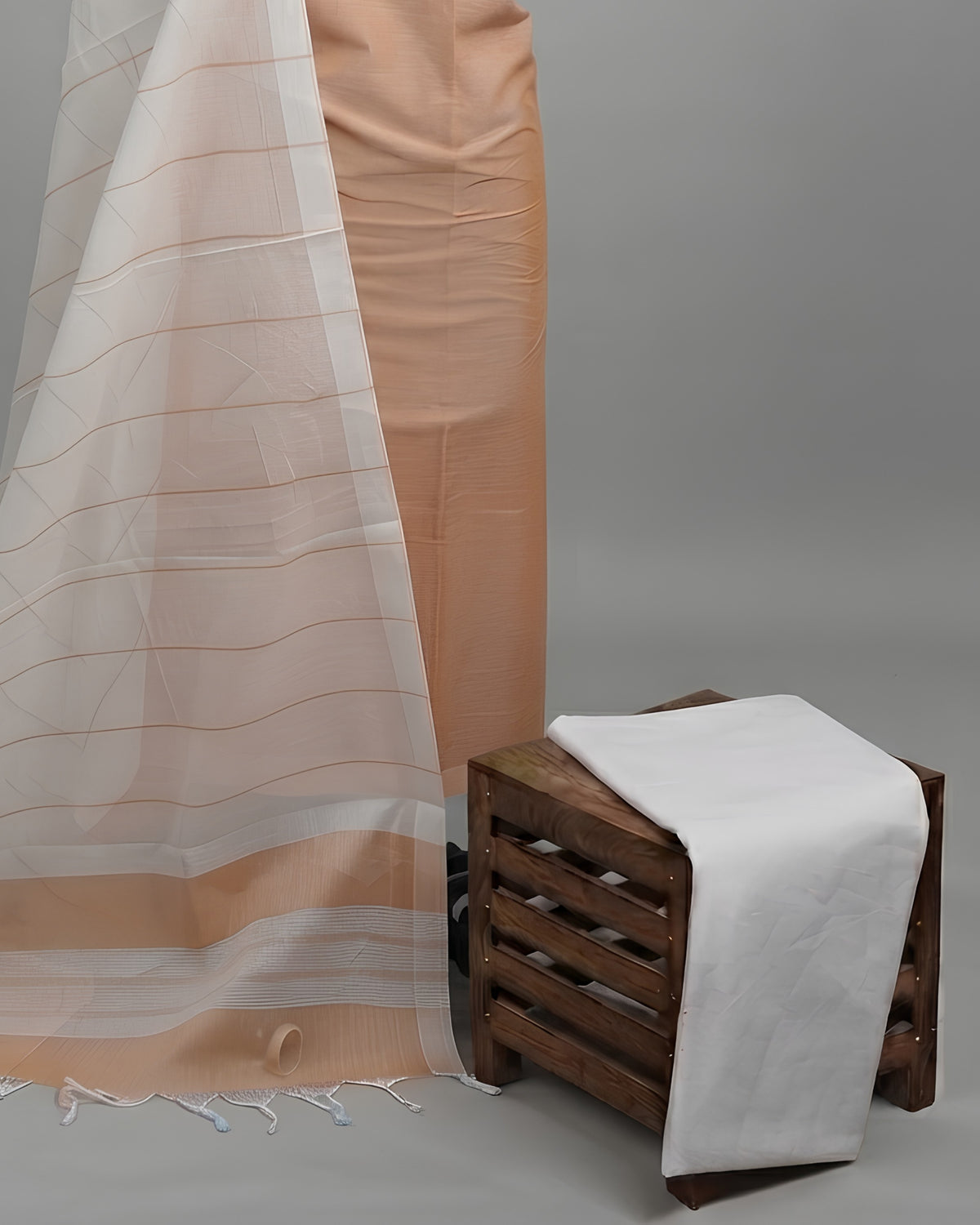 Magalagiri cotton fabric with peach and white stripes from S Fabs, showcasing soft, breathable material for sewing and crafts.