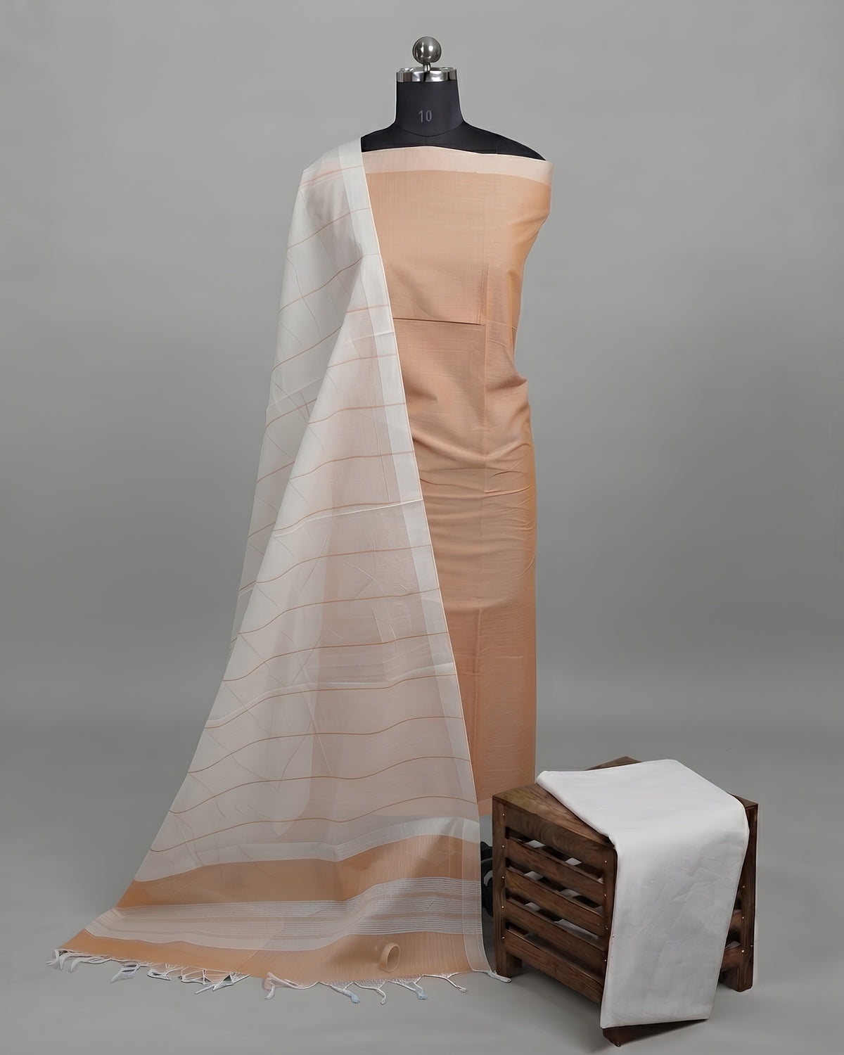 Magalagiri Cotton Stripes fabric in peach and white by S Fabs, showing soft cotton material with striped pattern.