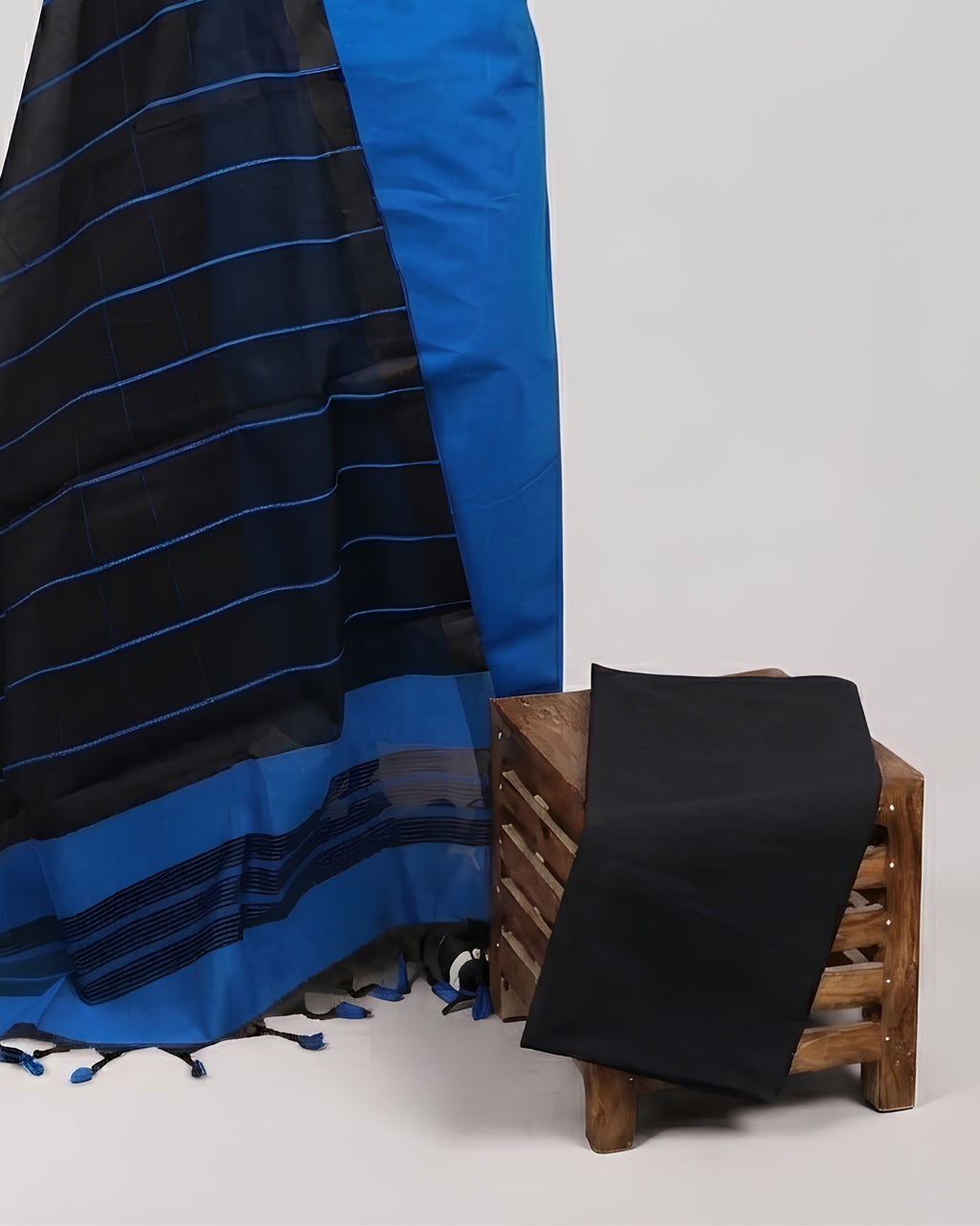 Royal blue and black Magalagiri Cotton Stripes fabric by S Fabs, showing the striped pattern and textile texture.