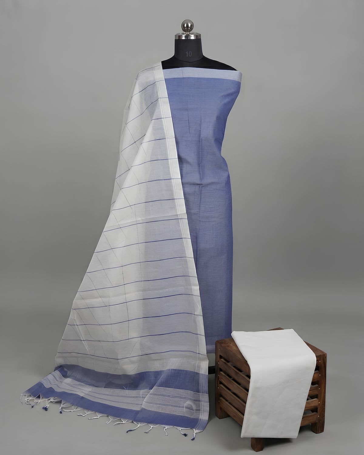 Steel blue and white cotton striped fabric by S Fabs, Magalagiri material with a soft, woven texture perfect for clothing and crafts.