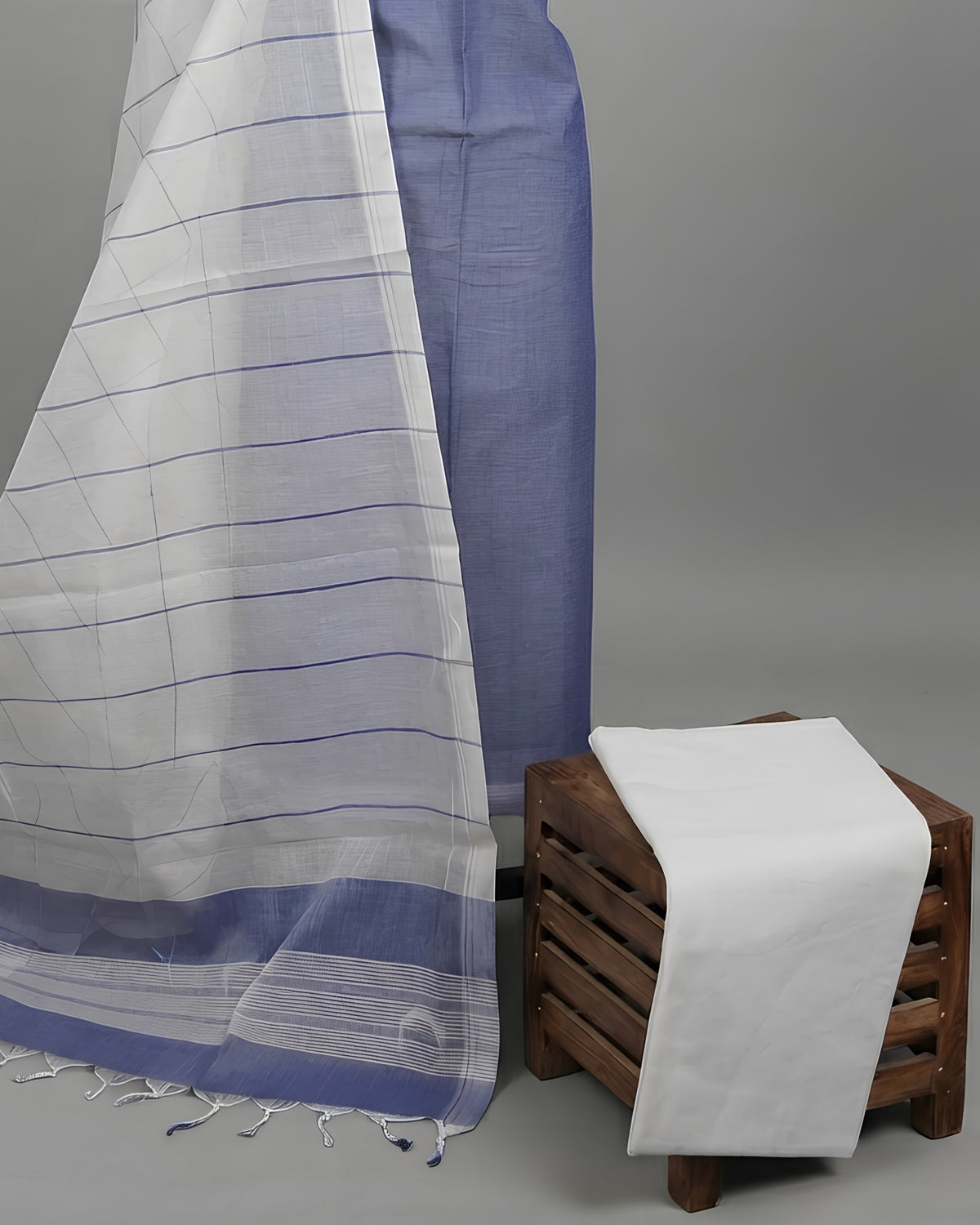 Steel blue and white striped Magalagiri cotton fabric by S Fabs, showcasing a soft, woven textile material with a classic pattern.