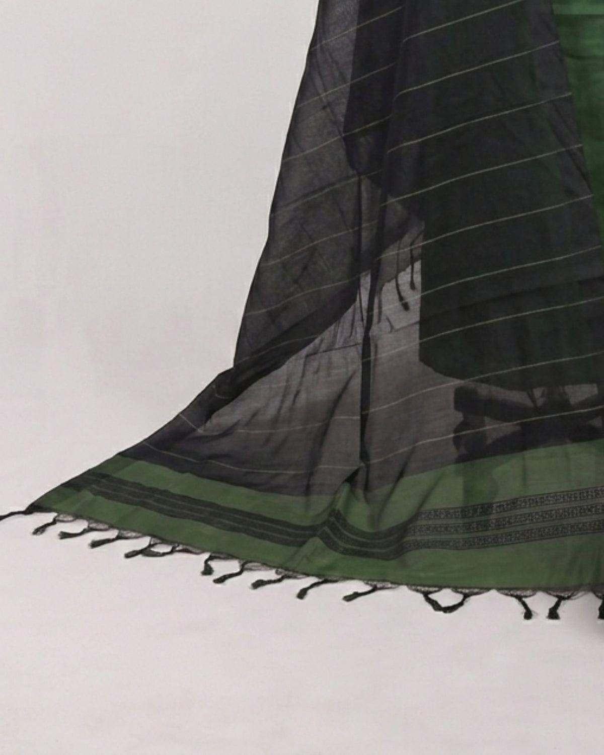 Mangalagiri cotton fabric with green and black stripes, material by S Fabs, showcasing soft, traditional handwoven textile.