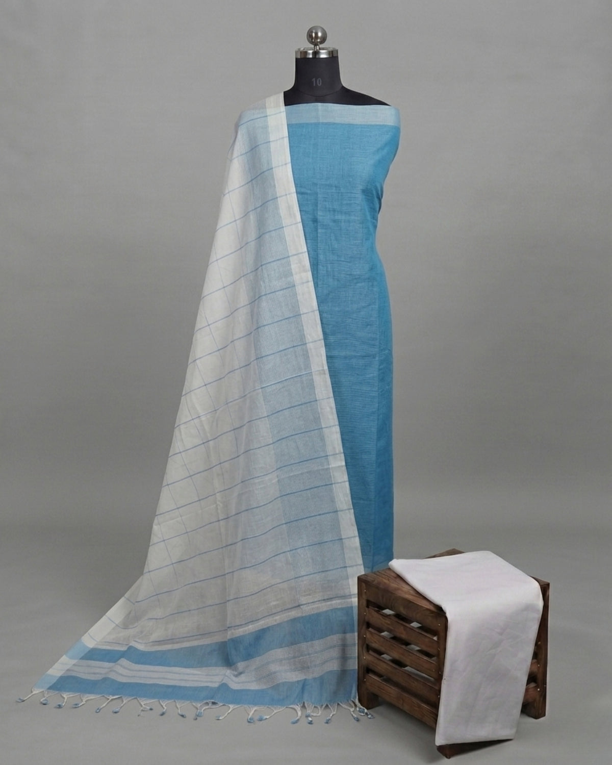 Dark blue and white Mangalagiri cotton stripes fabric by S Fabs, showcasing a traditional woven material pattern.