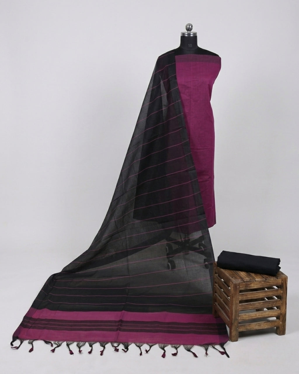 Black Mangalagiri cotton stripes fabric by S Fabs, showcasing deep magenda color and soft woven texture.
