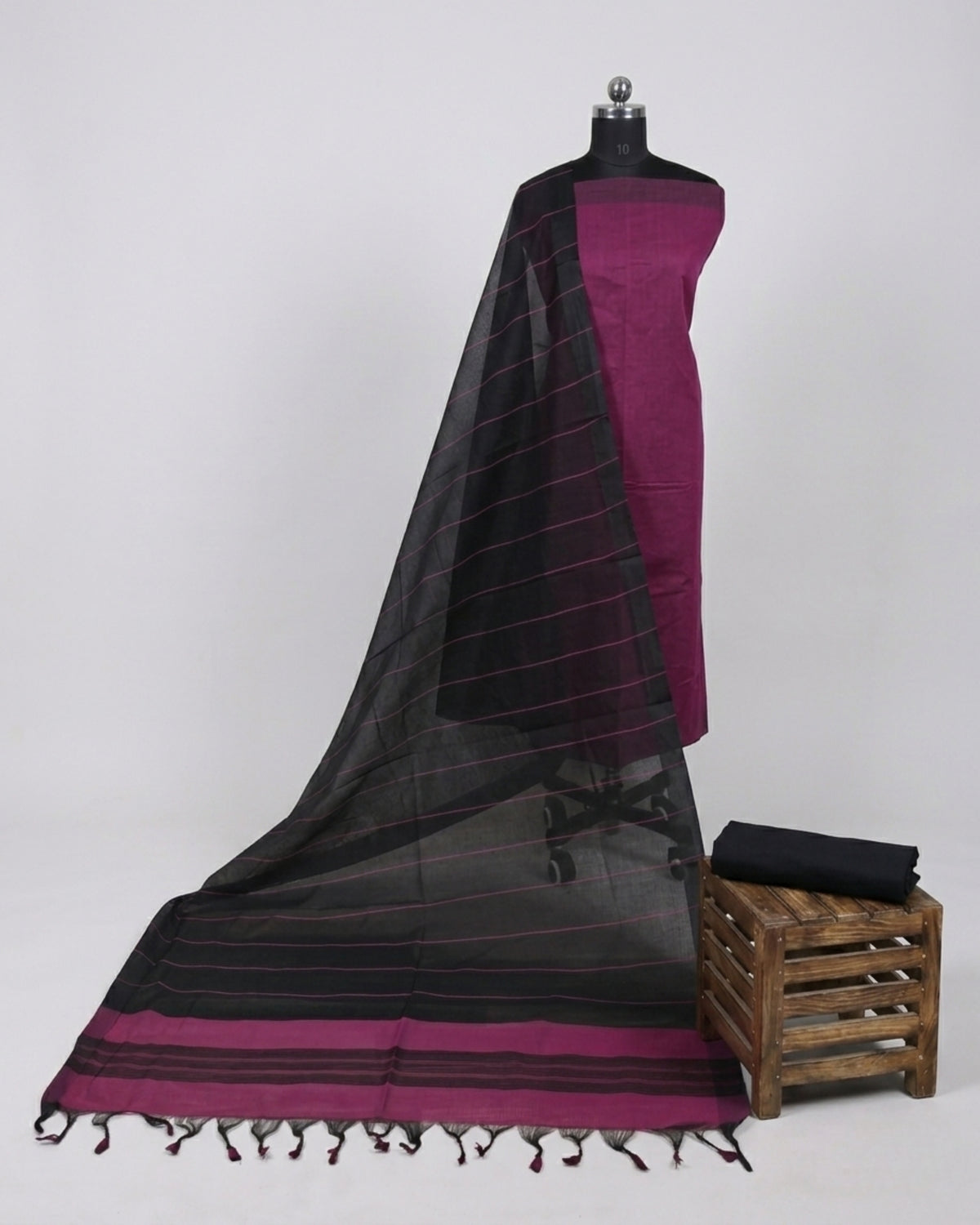 Black Mangalagiri cotton stripes fabric by S Fabs, showcasing deep magenda color and soft woven texture.