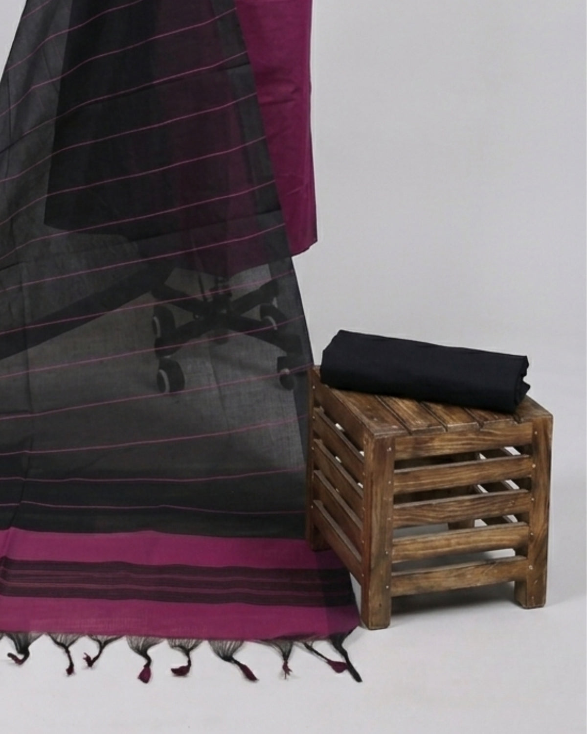 Black Mangalagiri cotton stripes fabric by S Fabs, showcasing deep magenda color and traditional woven pattern.