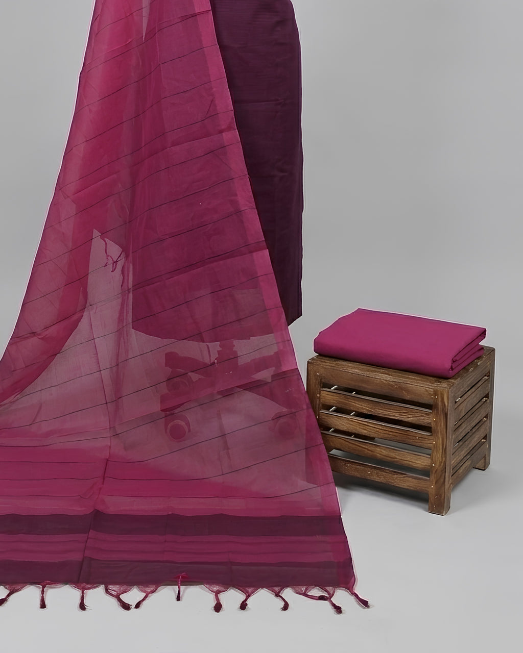 Mangalagiri cotton stripes fabric in deep magenda pink, S Fabs brand, showcasing soft cotton material with striped pattern.