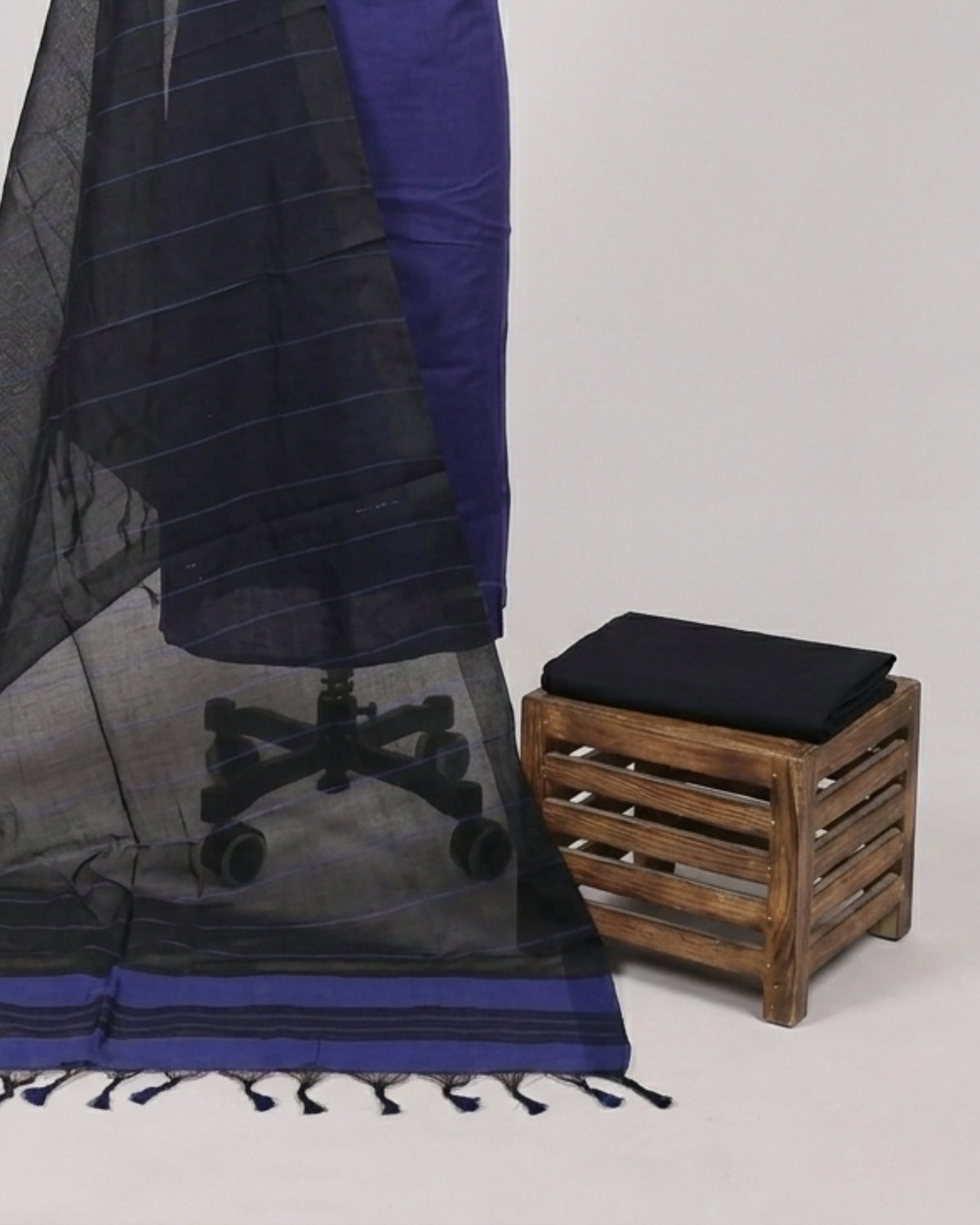 Mangalagiri cotton fabric with indigo blue and black stripes, S Fabs material showcasing traditional woven textile.