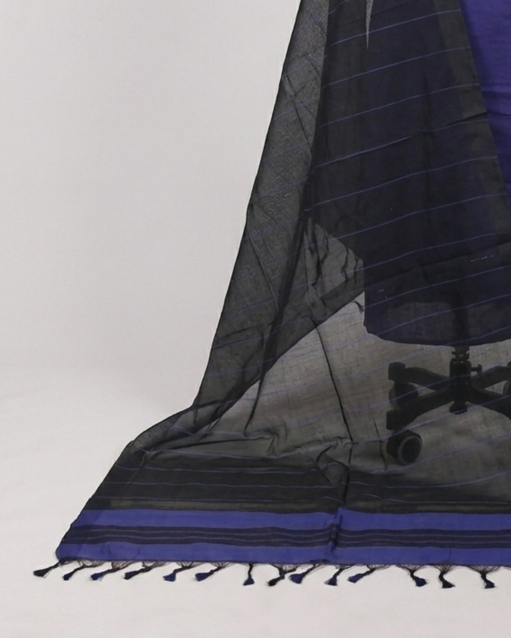Mangalagiri cotton fabric with indigo blue and black stripes, material by S Fabs, showing woven textile texture.