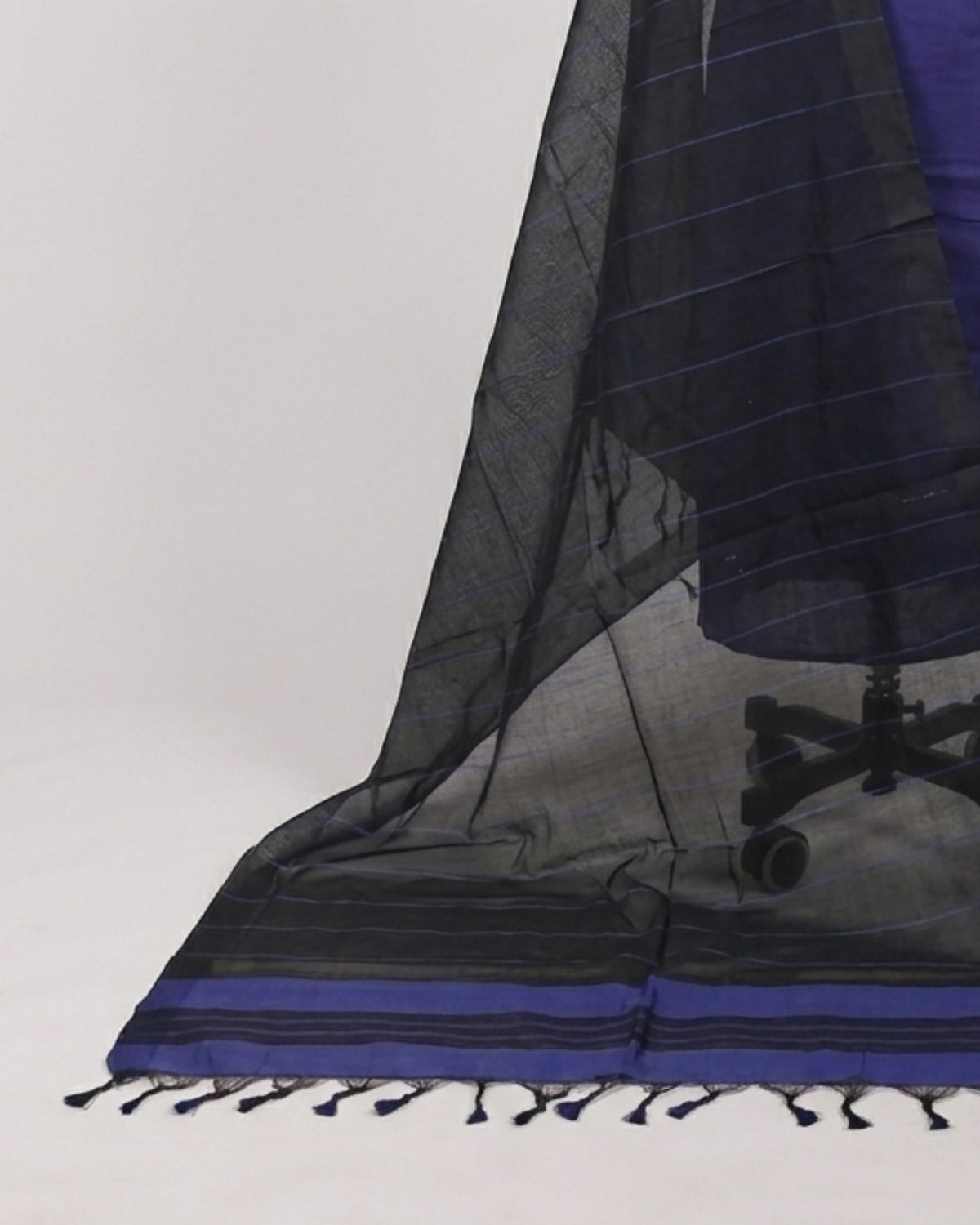 Mangalagiri cotton fabric with indigo blue and black stripes, material by S Fabs, showing woven textile texture.