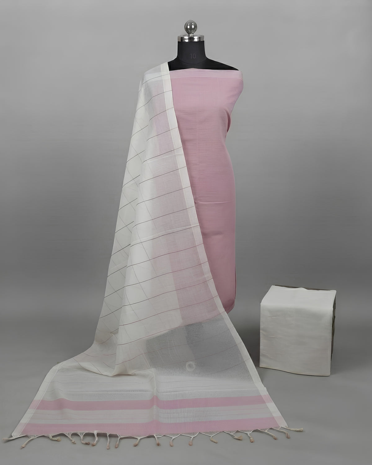 Light pink and white Mangalagiri cotton stripes fabric by S Fabs, showcasing the soft, traditional textile pattern.