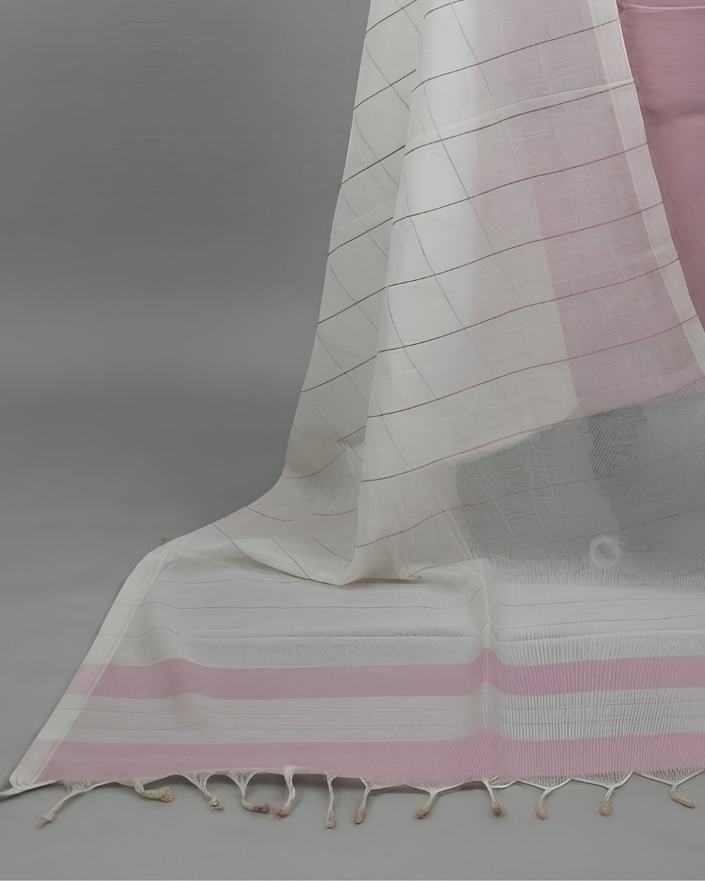 Light pink and white striped Mangalagiri cotton fabric by S Fabs, showing a close-up of the soft, woven material.
