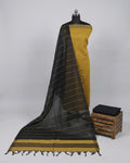 Mangalagiri cotton fabric with mustard yellow and black stripes, S Fabs material for traditional clothing or crafts.