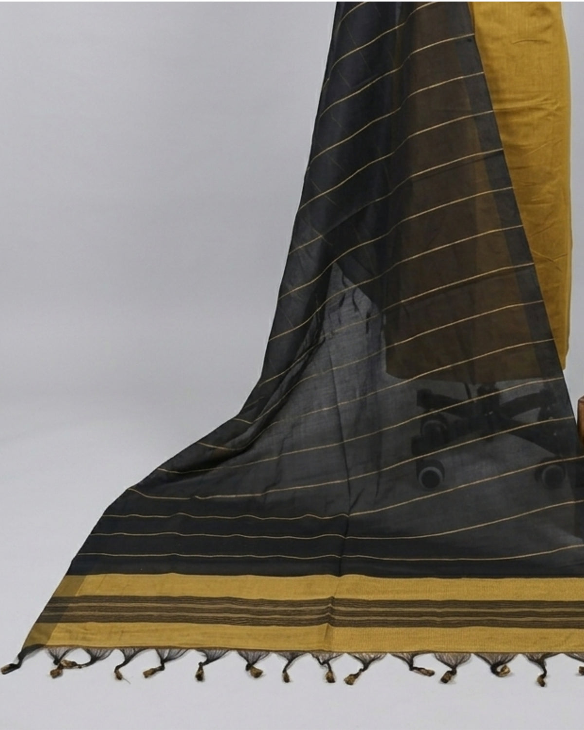 Mangalagiri cotton fabric with mustard yellow and black stripes, S Fabs material for clothing or crafts.