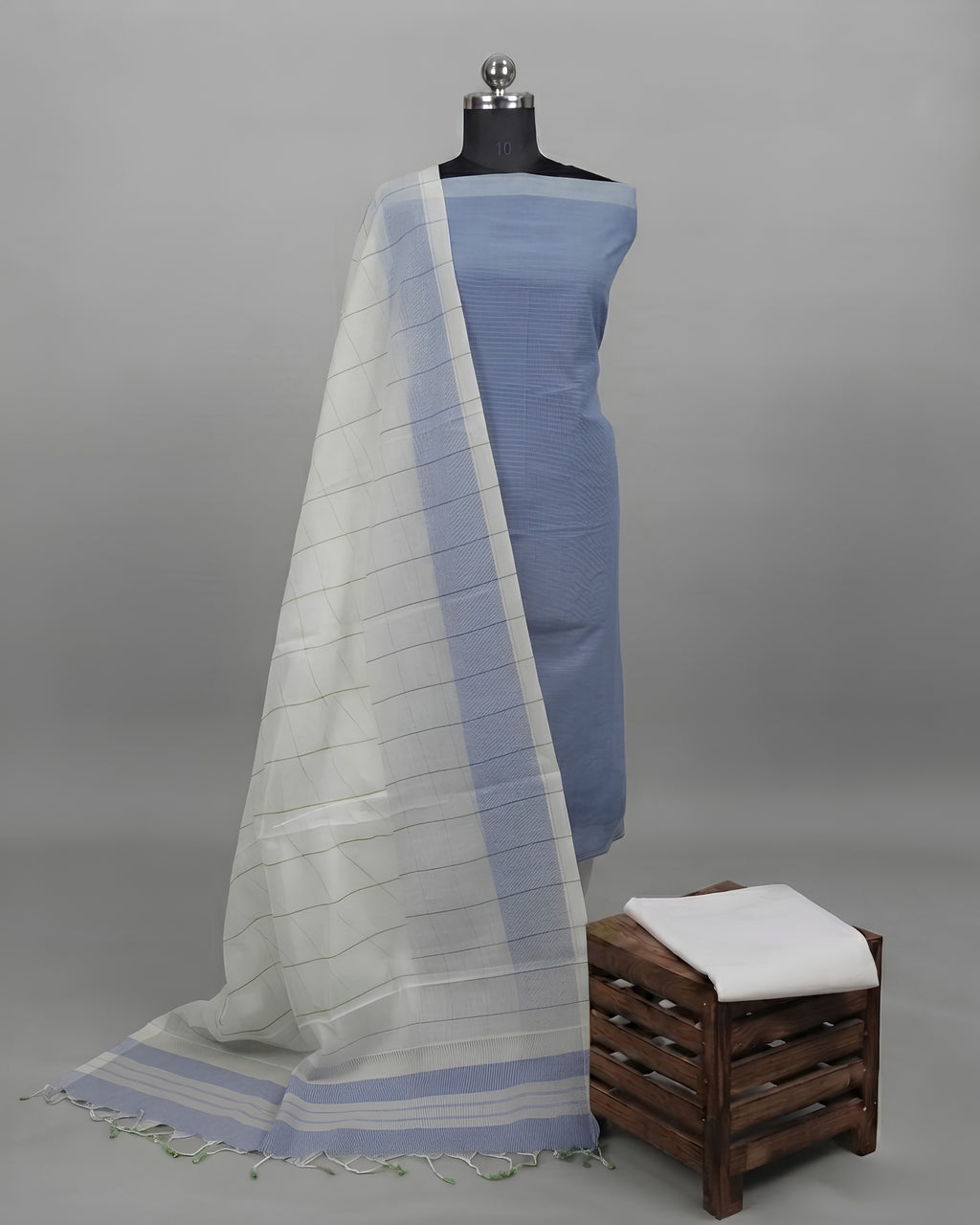 Mangalagiri cotton fabric with muted blue and white stripes, soft and lightweight material by S Fabs.