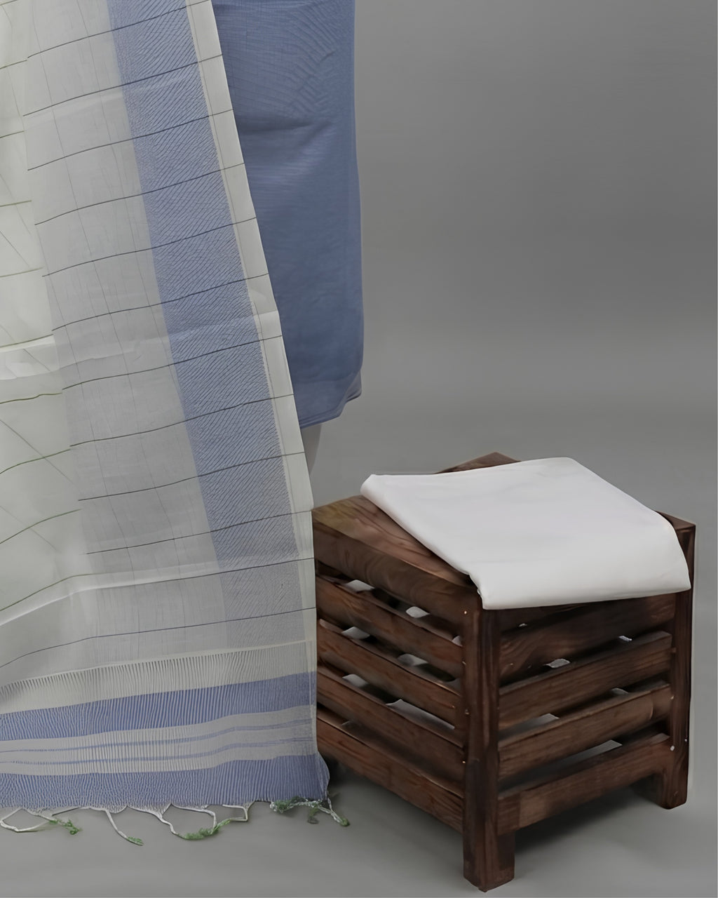 Mangalagiri cotton fabric with muted blue and white stripes, S Fabs material showcasing soft woven textile design.