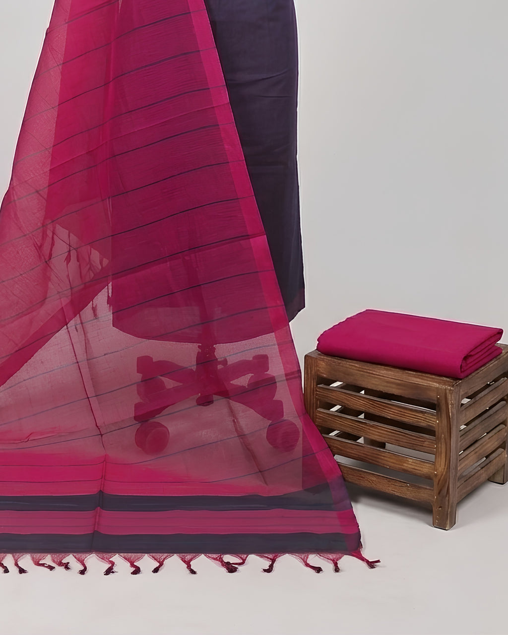Mangalagiri cotton fabric with navy blue and pink stripes from S Fabs, showcasing a soft, woven textile material.