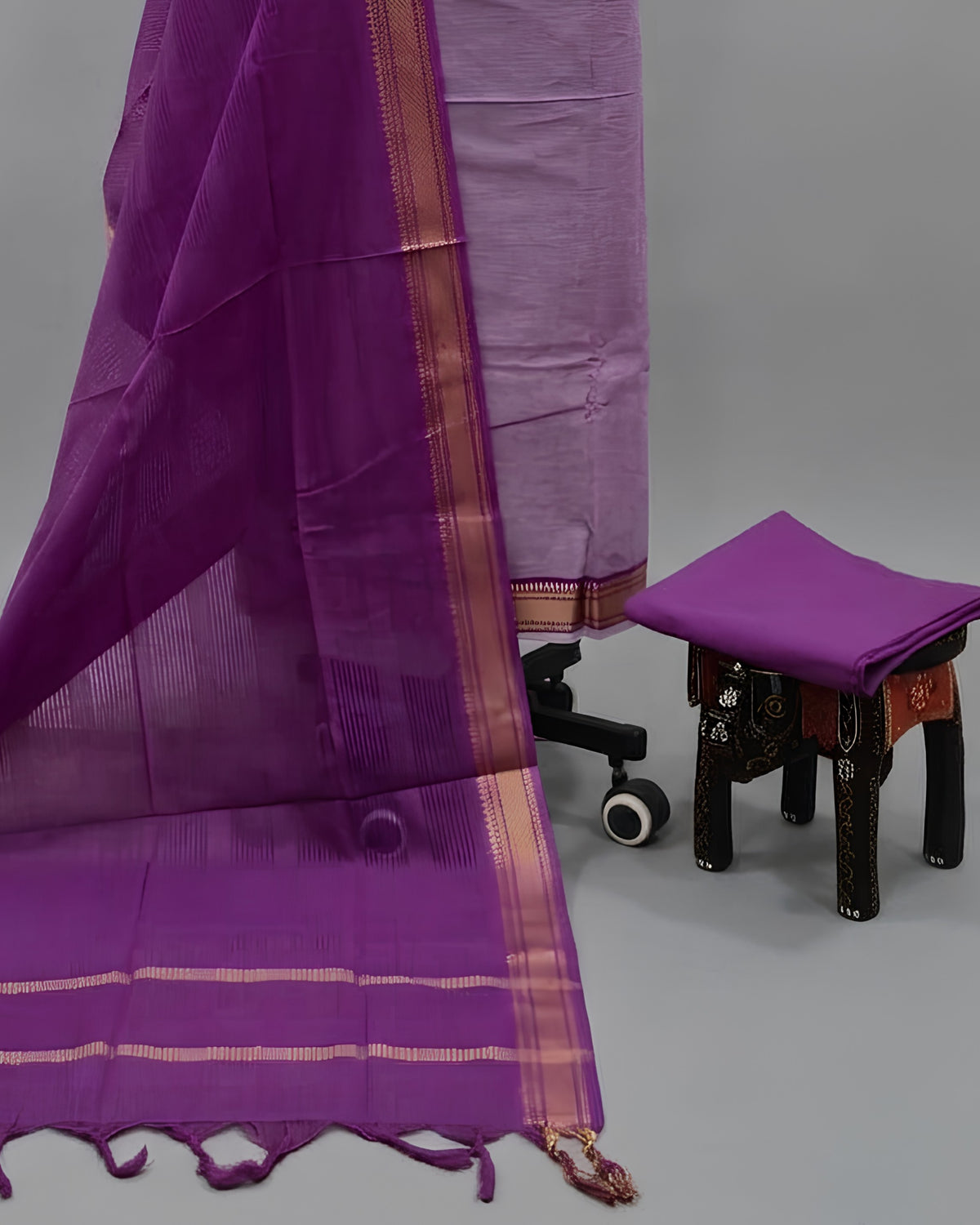 Mangalagiri pure cotton zari fabric in lilac with purple accents, showcasing intricate traditional textile pattern from S Fabs.