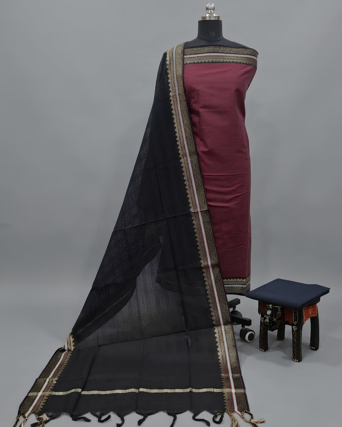 Mangalagiri pure cotton material with maroon and black zari, designed by S Fabs, showcasing intricate woven patterns.