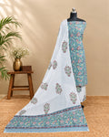Aqua blue cotton dupatta with white patterns from S Fabs Mul Mul collection, showcasing soft, breathable fabric and elegant design.