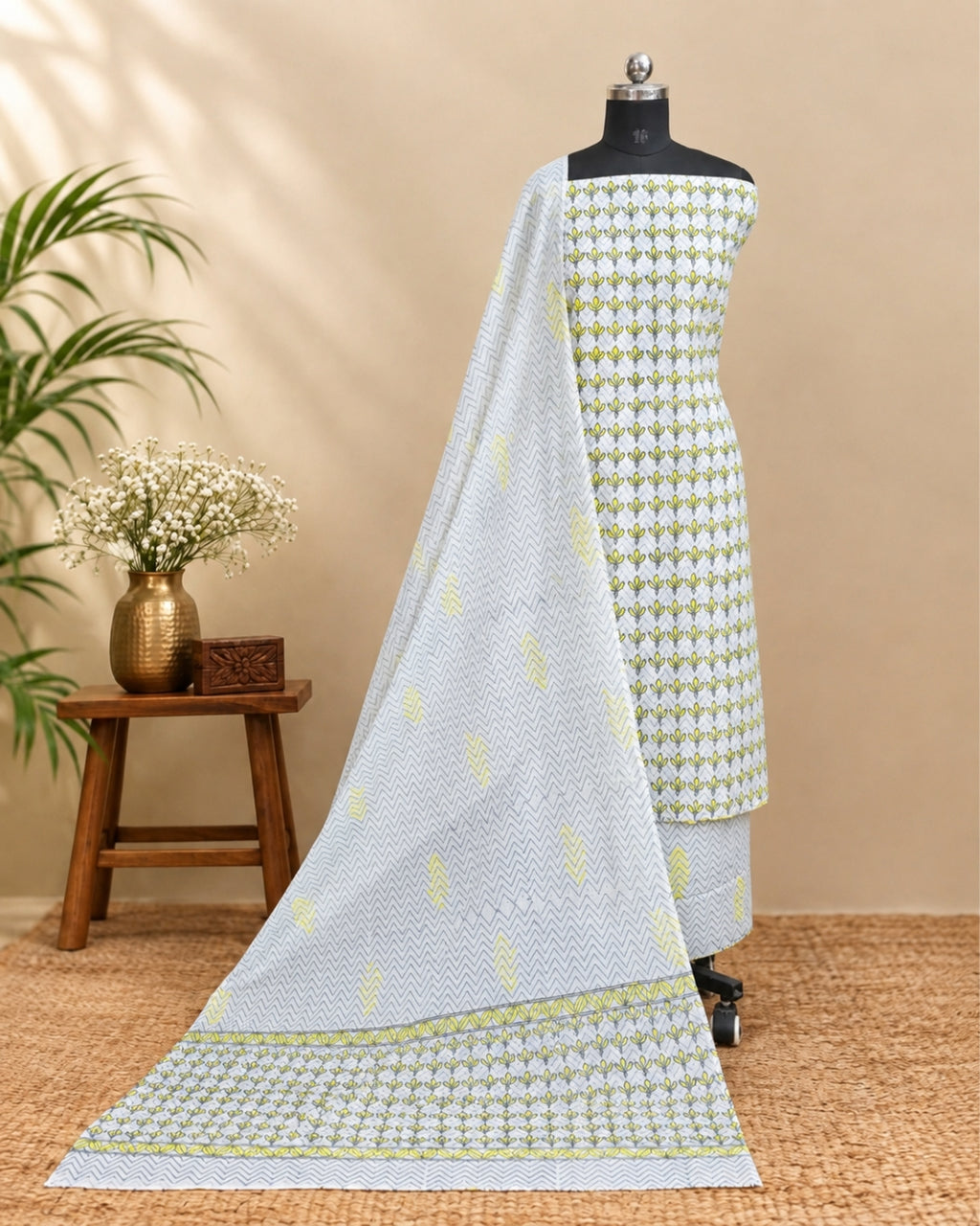 Ice blue Mul Mul cotton dupatta with lemon yellow floral design from S Fabs, showcasing lightweight, breathable fabric and vibrant print.