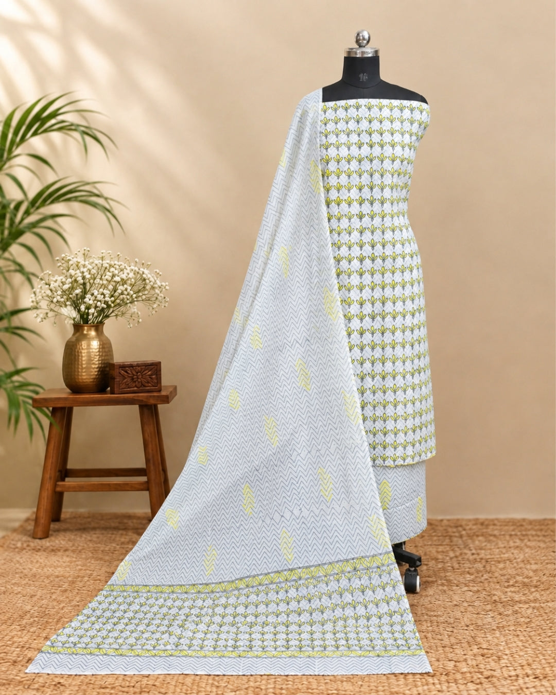 Ice blue Mul Mul cotton dupatta with lemon yellow floral design from S Fabs, showcasing lightweight, breathable fabric and vibrant print.