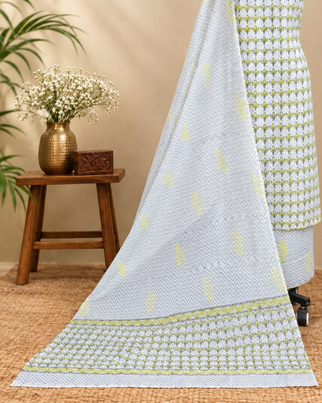 Ice blue Mul Mul cotton dupatta with lemon yellow floral design from S Fabs, showcasing lightweight fabric and vibrant embroidery.