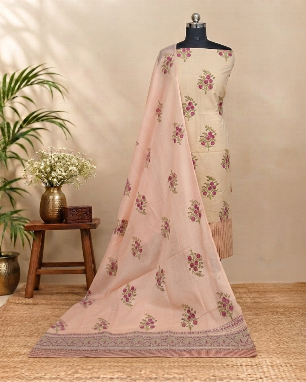 Ivory cream Mul Mul cotton dupatta with dusty pink floral pattern, lightweight material from S Fabs.