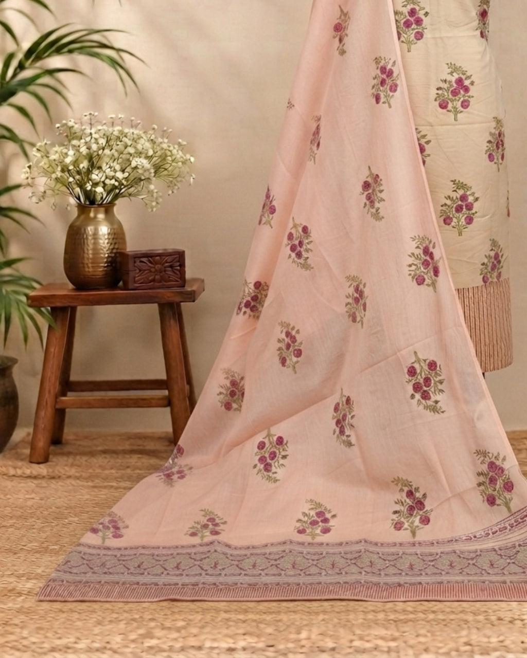 Ivory cream Mul Mul cotton dupatta with dusty pink floral patterns, showcasing delicate embroidery and lightweight fabric from S Fabs.