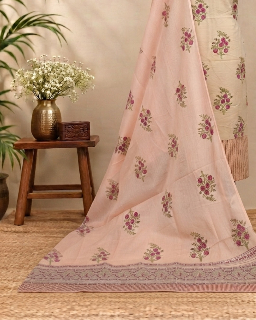 Ivory cream Mul Mul cotton dupatta with dusty pink floral patterns, showcasing delicate embroidery and lightweight fabric from S Fabs.