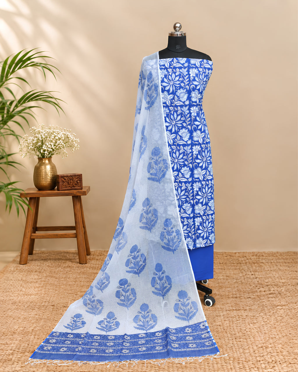 Royal blue Mul Mul Kota dupatta by S Fabs with white floral print, showcasing soft fabric and intricate floral design.