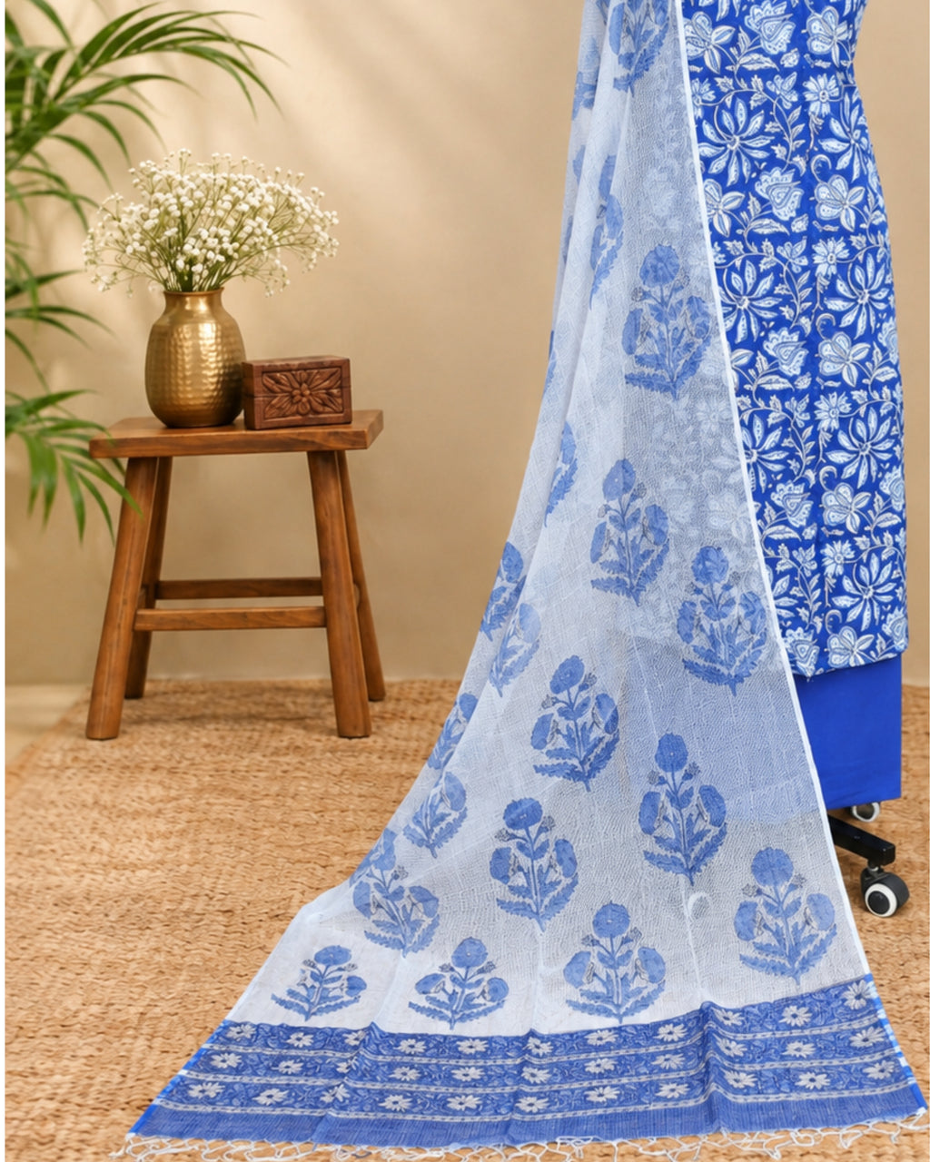 Royal blue Mul Mul Kota dupatta by S Fabs with white floral print, showcasing lightweight, elegant fabric design.
