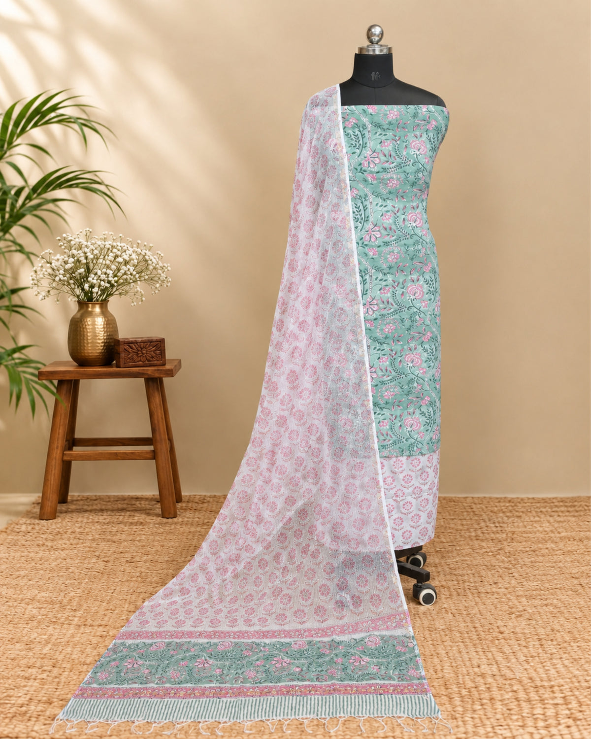 Sage green Mul Mul Kota dupatta by S Fabs with pink floral print, showcasing soft fabric and elegant design.