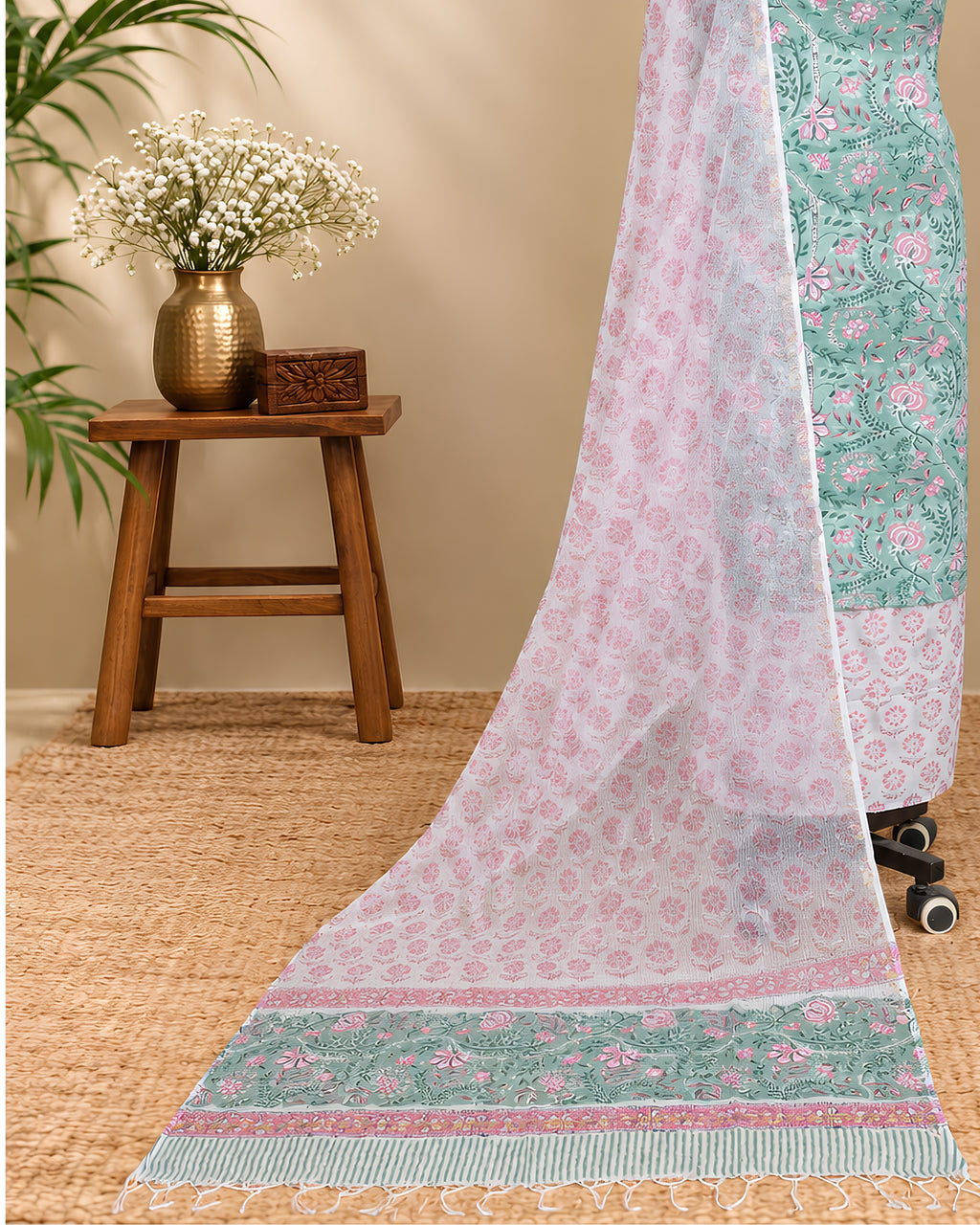 Sage green Mul Mul Kota dupatta with pink floral print from S Fabs, showcasing lightweight fabric and intricate floral design.