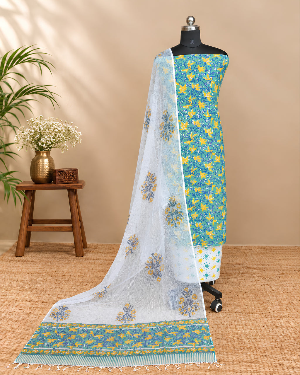 Sea green Mul Mul Kota dupatta with mustard yellow floral print from S Fabs, showcasing lightweight material and delicate design.