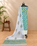Sea green Mul Mul Kota dupatta with mustard yellow floral print from S Fabs, showcasing lightweight material and delicate design.