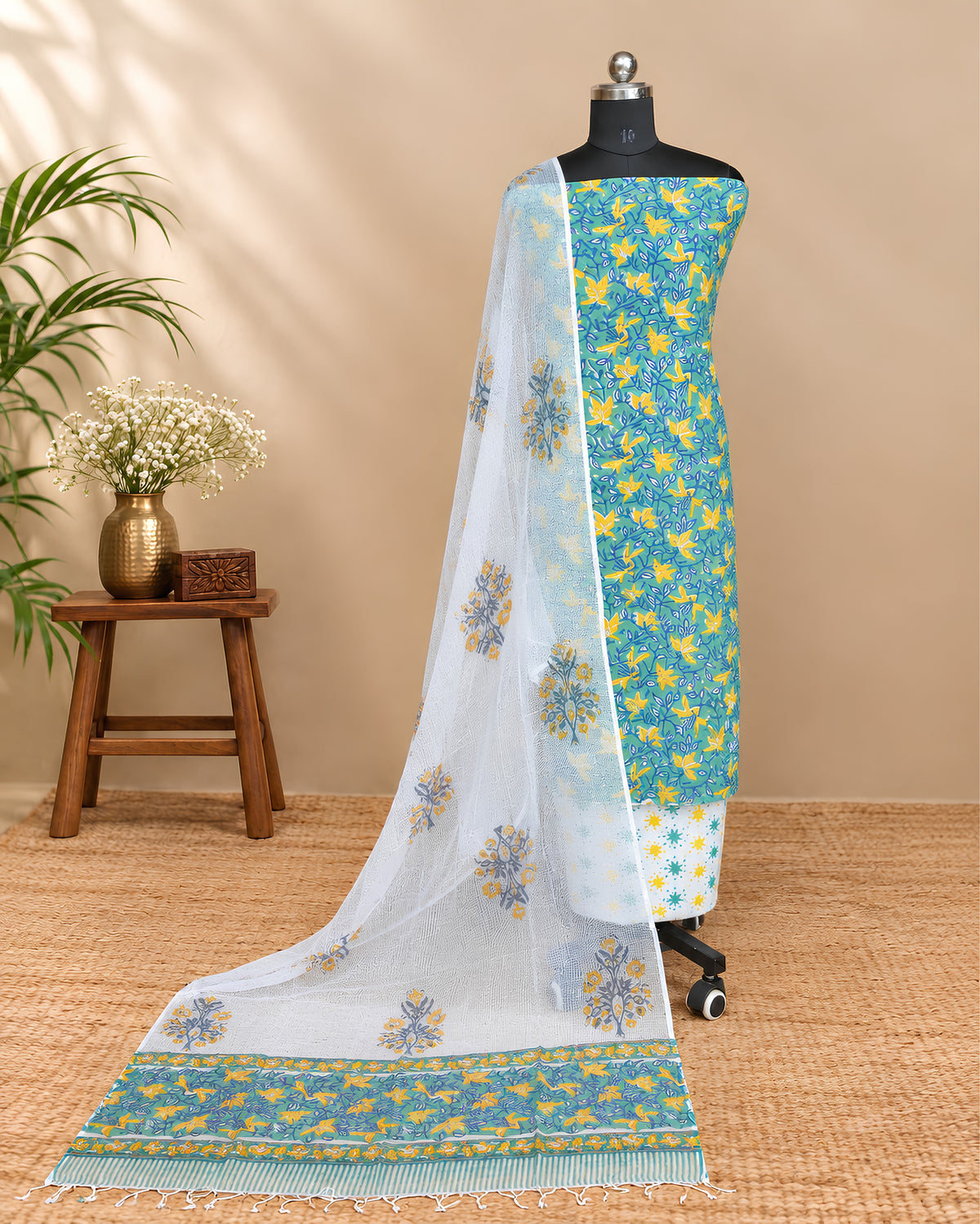 Sea green Mul Mul Kota dupatta with mustard yellow floral print from S Fabs, showcasing lightweight material and delicate design.
