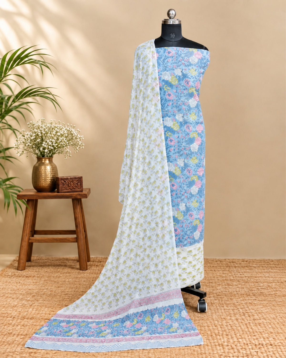 Sky blue Mul Mul chiffon dupatta with multicolour floral patterns, lightweight material from S Fabs.