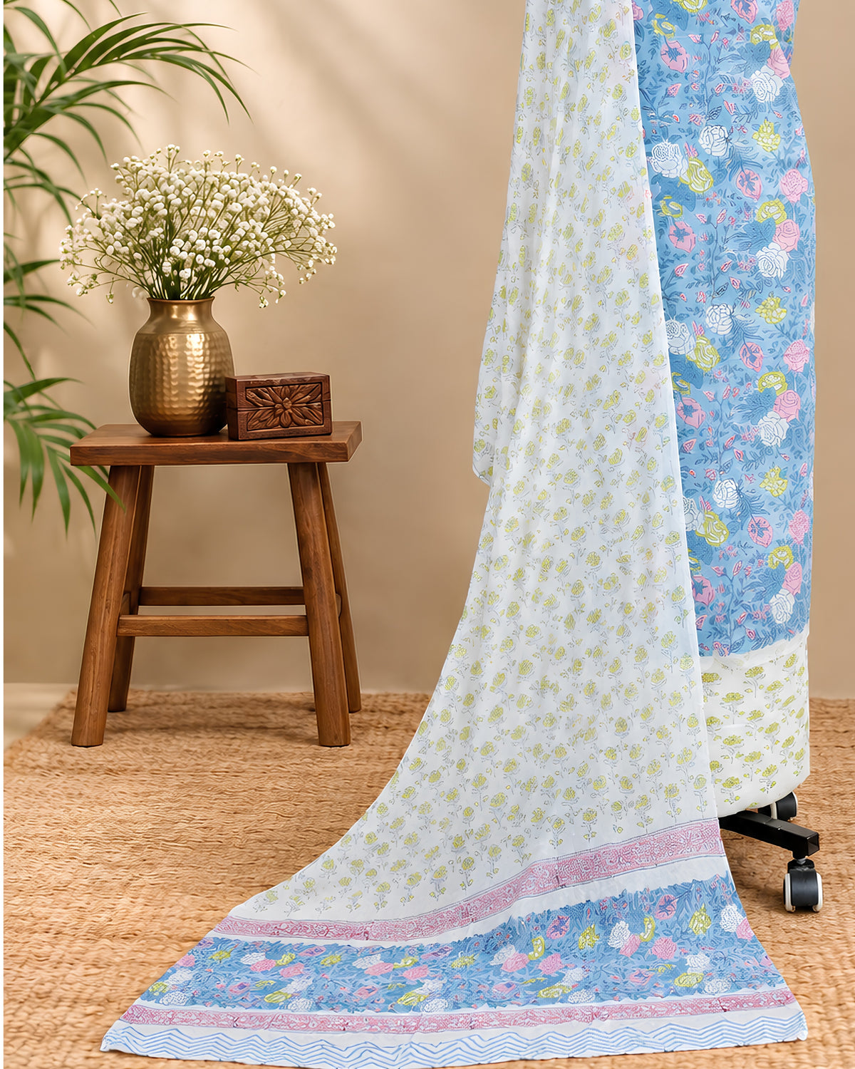 Sky blue Mul Mul chiffon dupatta with multicolour floral pattern from S Fabs, showcasing lightweight, soft fabric with vibrant floral designs.