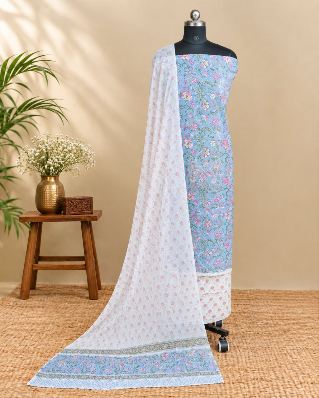 Light blue Mul Mul chiffon dupatta with pink floral pattern, showcasing delicate fabric and elegant design by S Fabs.