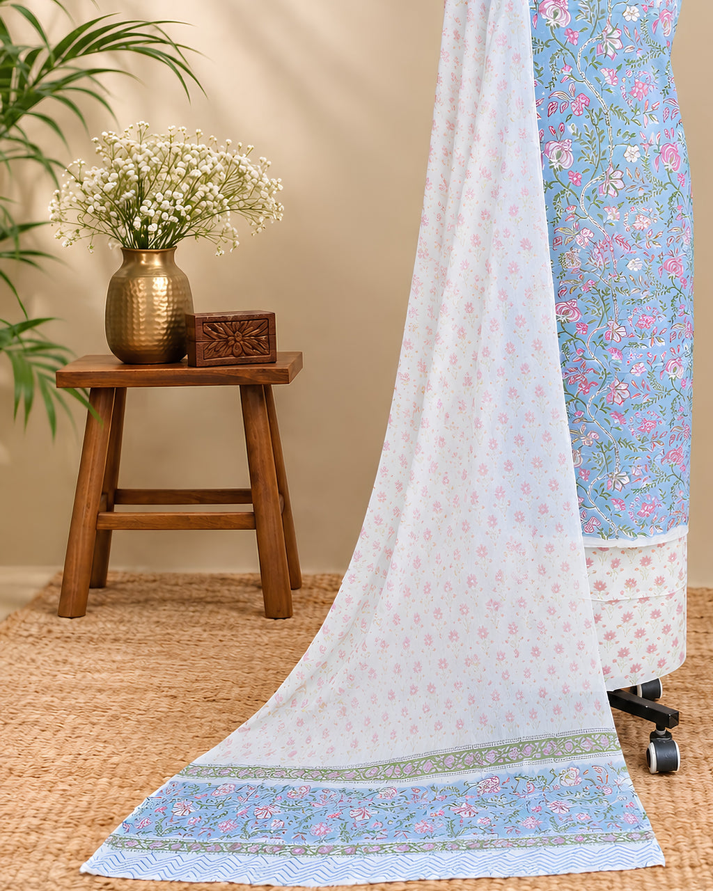 Light blue Mul Mul chiffon dupatta with pink floral pattern from S Fabs, showcasing delicate fabric and elegant design.