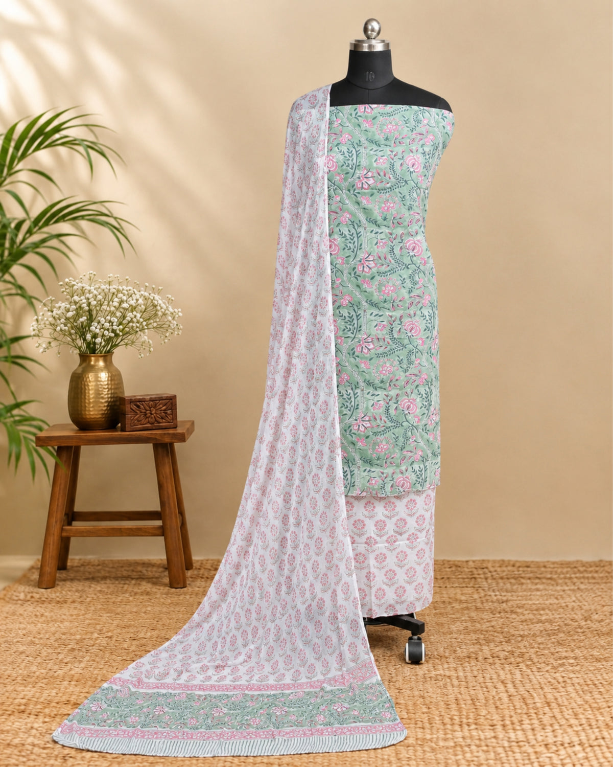 Mint green Mul Mul chiffon dupatta with pink floral pattern from S Fabs, showcasing delicate fabric and vibrant floral design.